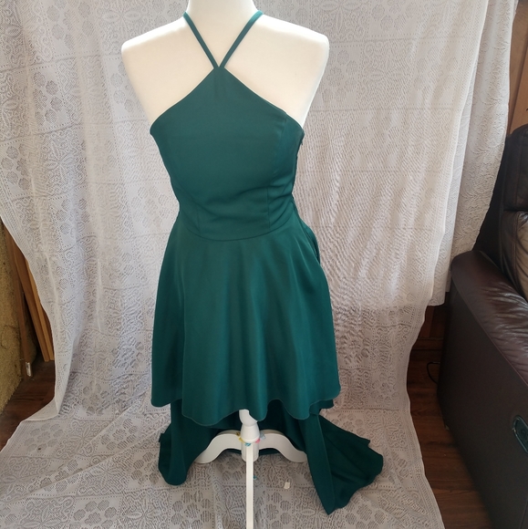 Emerald Green High Low Halter Style Semi Formal Evening Gown Prom Dress - Picture 3 of 14